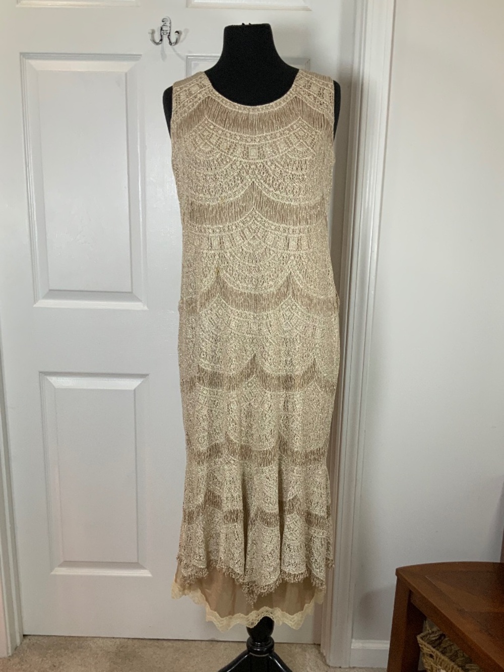 Lillie Rubin Champagne Gold Embroidered Lace Midi Dress Art Deco Glam Medium - Picture 11 of 11